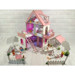 Домик для кукол Солнечная Дача с двориком, обоями, шторками, мебелью и текстилем FANA 2113